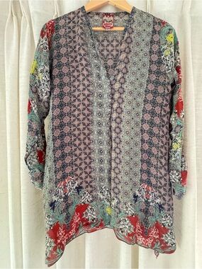 Johnny Was Cupra Rayon Tunic Top S Floral Patchwork Boho Blouse